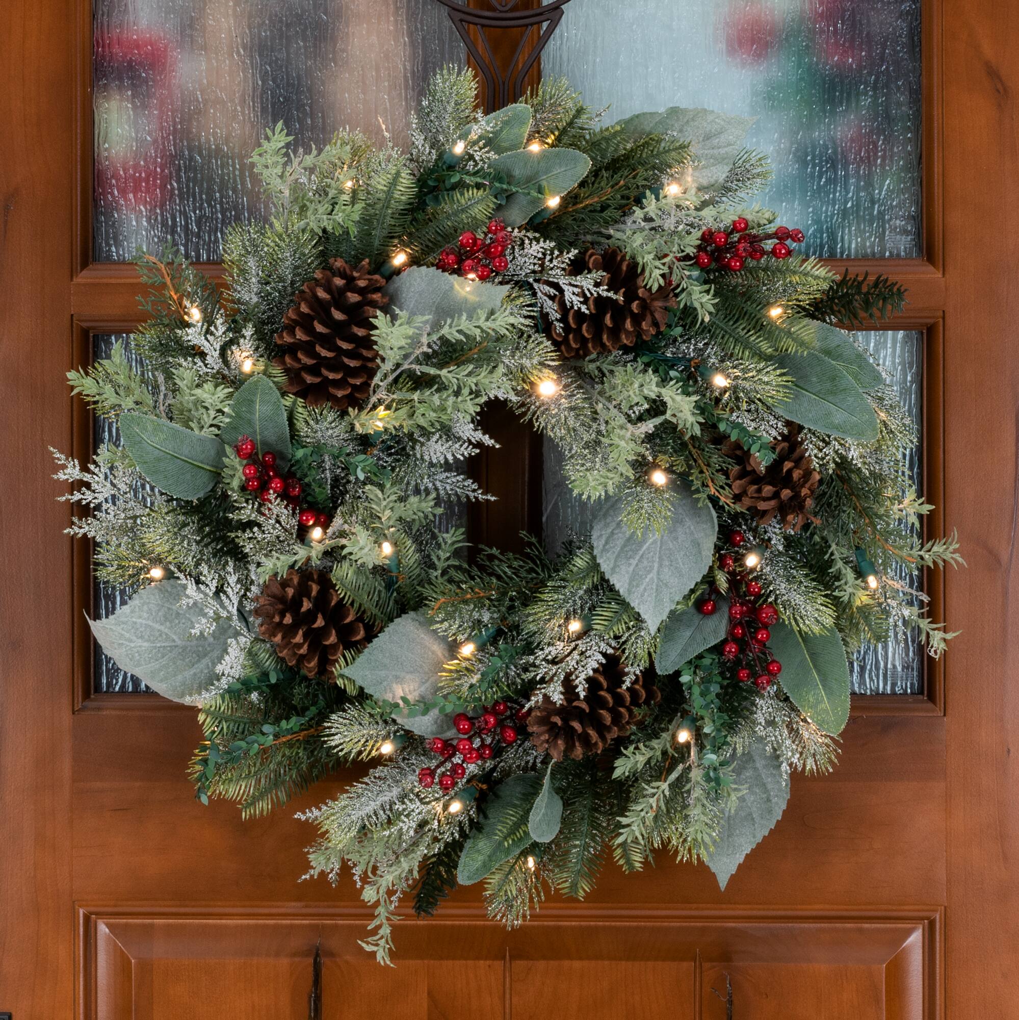Village Lighting 24" Pre-Lit Winter Frost Christmas Wreath, Clear LED Lights